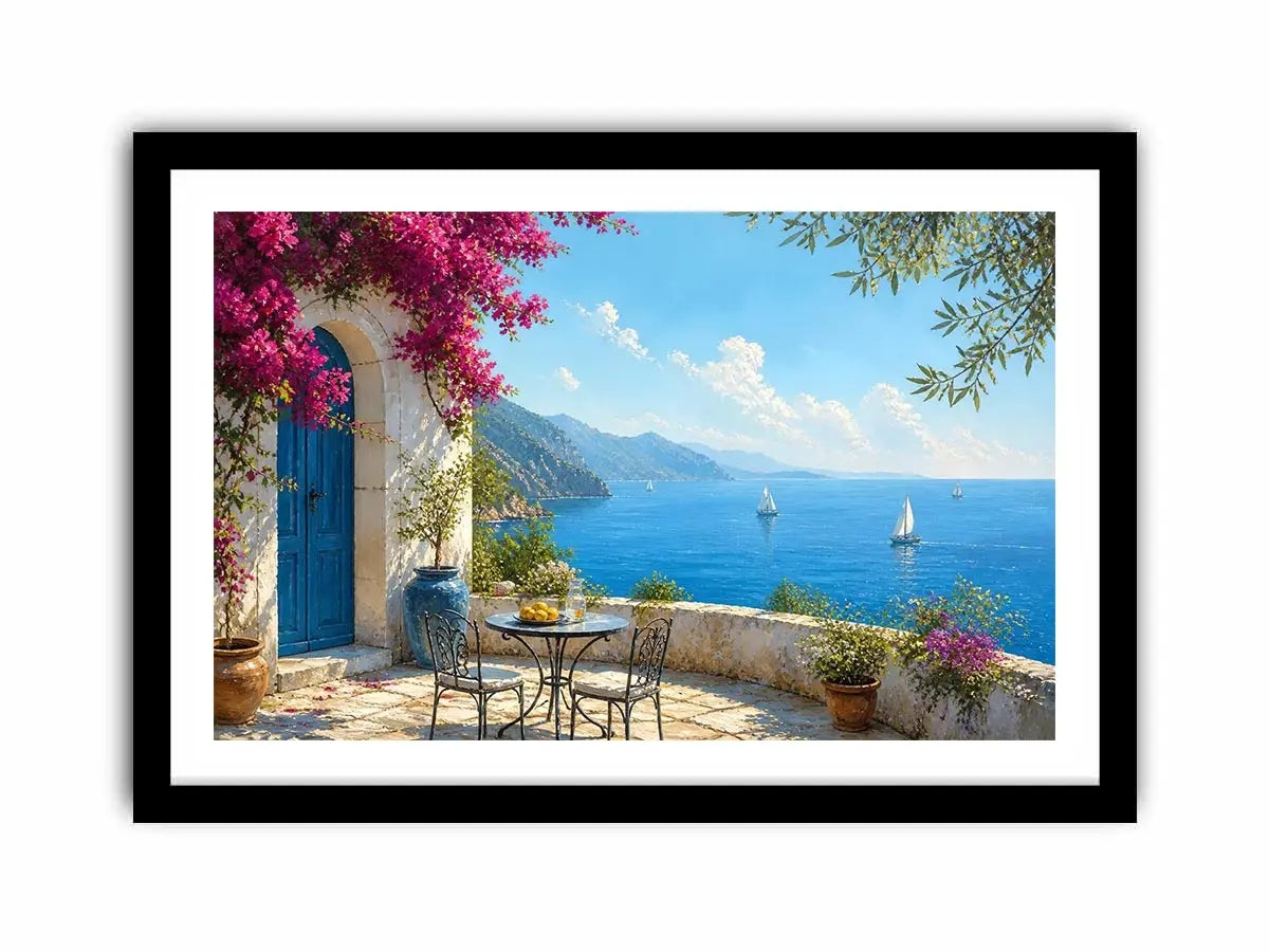 mediterranean coastal terrace wall art with blue sea sailboats flowers and white architecture luxury canvas print