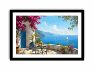 mediterranean coastal terrace wall art with blue sea sailboats flowers and white architecture luxury canvas print