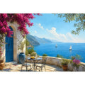 mediterranean coastal terrace wall art with blue sea sailboats flowers and white architecture luxury canvas print