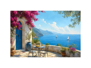mediterranean coastal terrace wall art with blue sea sailboats flowers and white architecture luxury canvas print