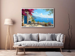 mediterranean coastal terrace wall art with blue sea sailboats flowers and white architecture luxury canvas print