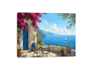 mediterranean coastal terrace wall art with blue sea sailboats flowers and white architecture luxury canvas print