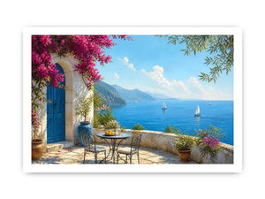 mediterranean coastal terrace wall art with blue sea sailboats flowers and white architecture luxury canvas print