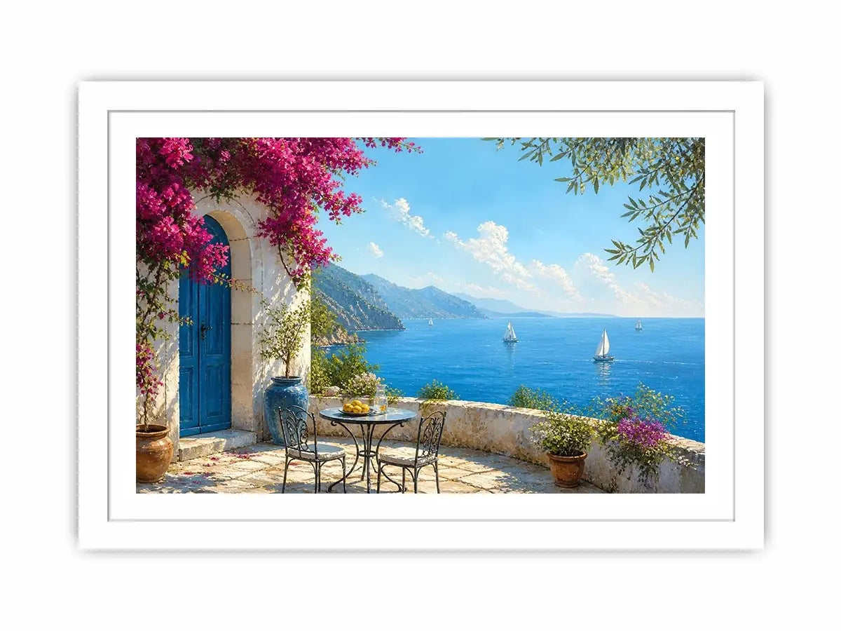 mediterranean coastal terrace wall art with blue sea sailboats flowers and white architecture luxury canvas print