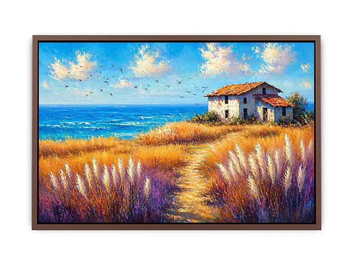 coastal cottage landscape painting ocean field vibrant wall art canvas modern impressionist