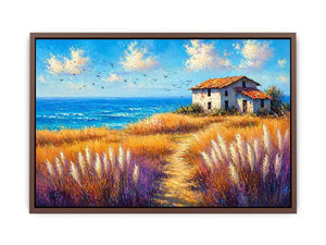 coastal cottage landscape painting ocean field vibrant wall art canvas modern impressionist