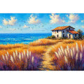 coastal cottage landscape painting ocean field vibrant wall art canvas modern impressionist