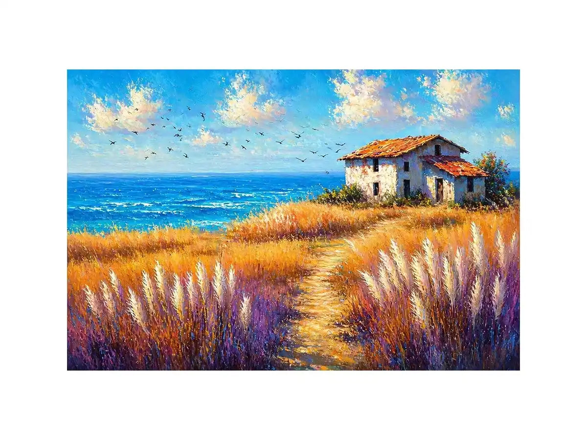 coastal cottage landscape painting ocean field vibrant wall art canvas modern impressionist