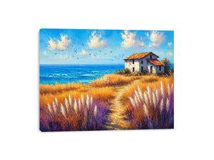coastal cottage landscape painting ocean field vibrant wall art canvas modern impressionist