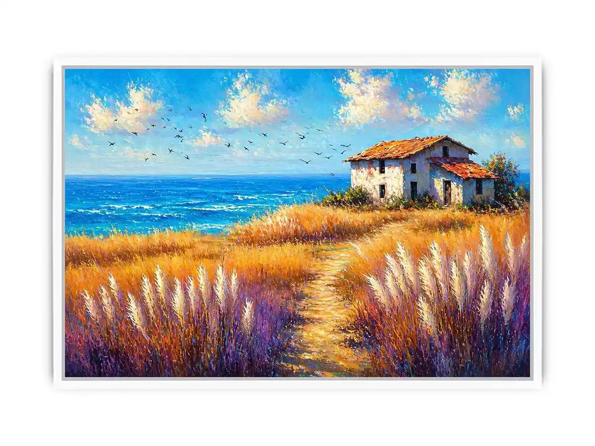 coastal cottage landscape painting ocean field vibrant wall art canvas modern impressionist