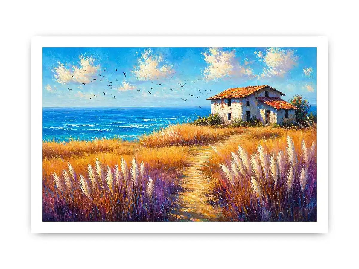 coastal cottage landscape painting ocean field vibrant wall art canvas modern impressionist