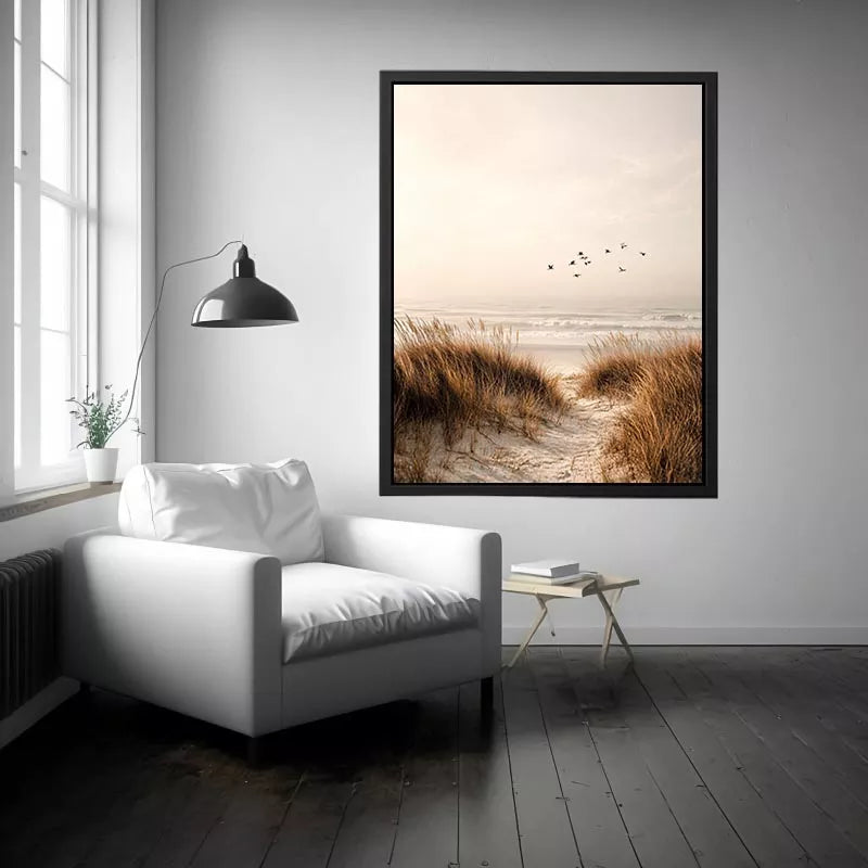 minimal coastal birds beach dunes neutral wall art calm ocean canvas decor