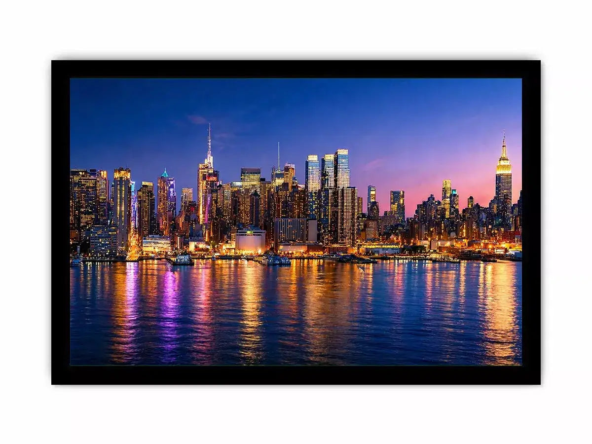 modern city skyline night reflection wall art colorful urban canvas