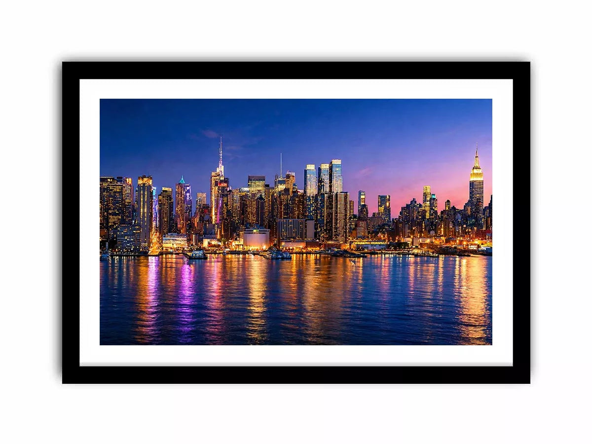 modern city skyline night reflection wall art colorful urban canvas