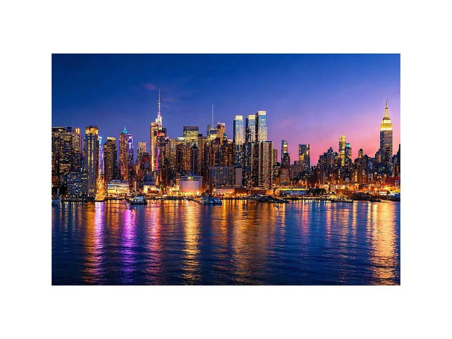 modern city skyline night reflection wall art colorful urban canvas