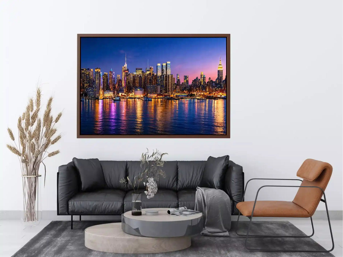 modern city skyline night reflection wall art colorful urban canvas