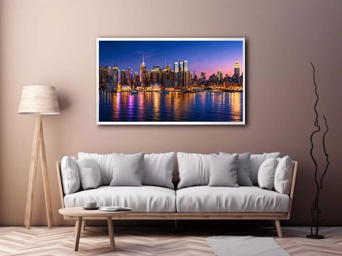 modern city skyline night reflection wall art colorful urban canvas
