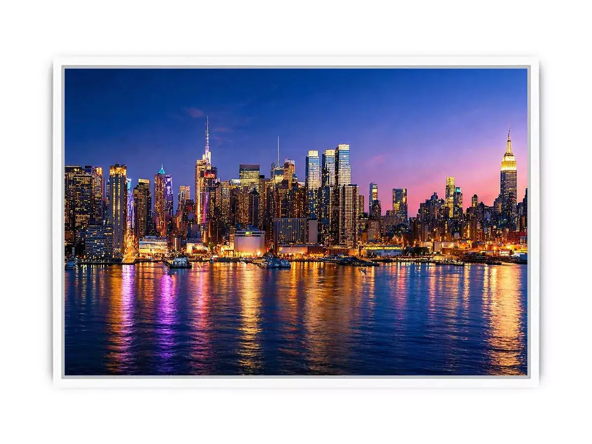 modern city skyline night reflection wall art colorful urban canvas