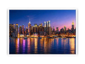 modern city skyline night reflection wall art colorful urban canvas
