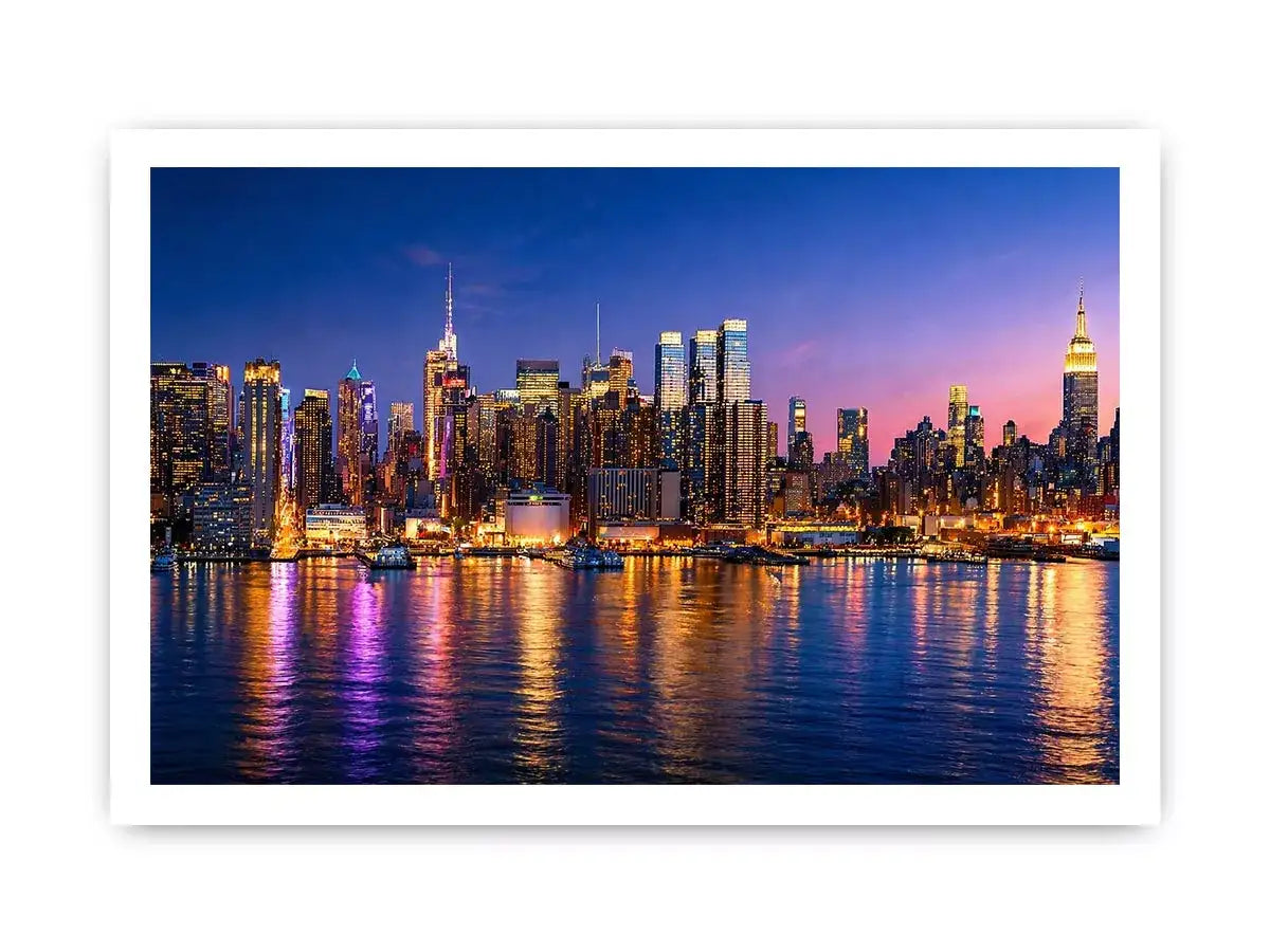 modern city skyline night reflection wall art colorful urban canvas