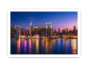 modern city skyline night reflection wall art colorful urban canvas