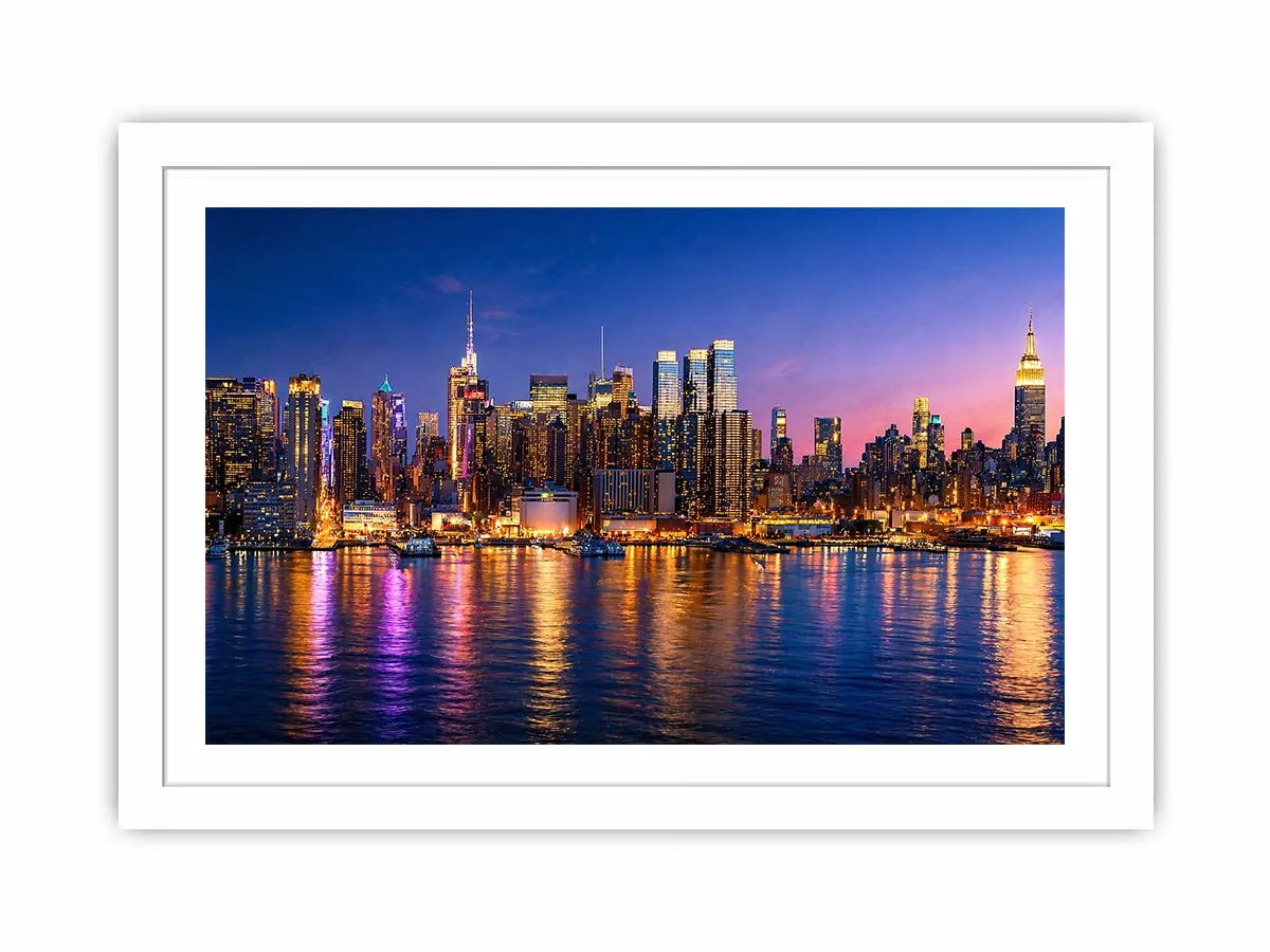 modern city skyline night reflection wall art colorful urban canvas