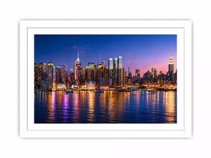 modern city skyline night reflection wall art colorful urban canvas