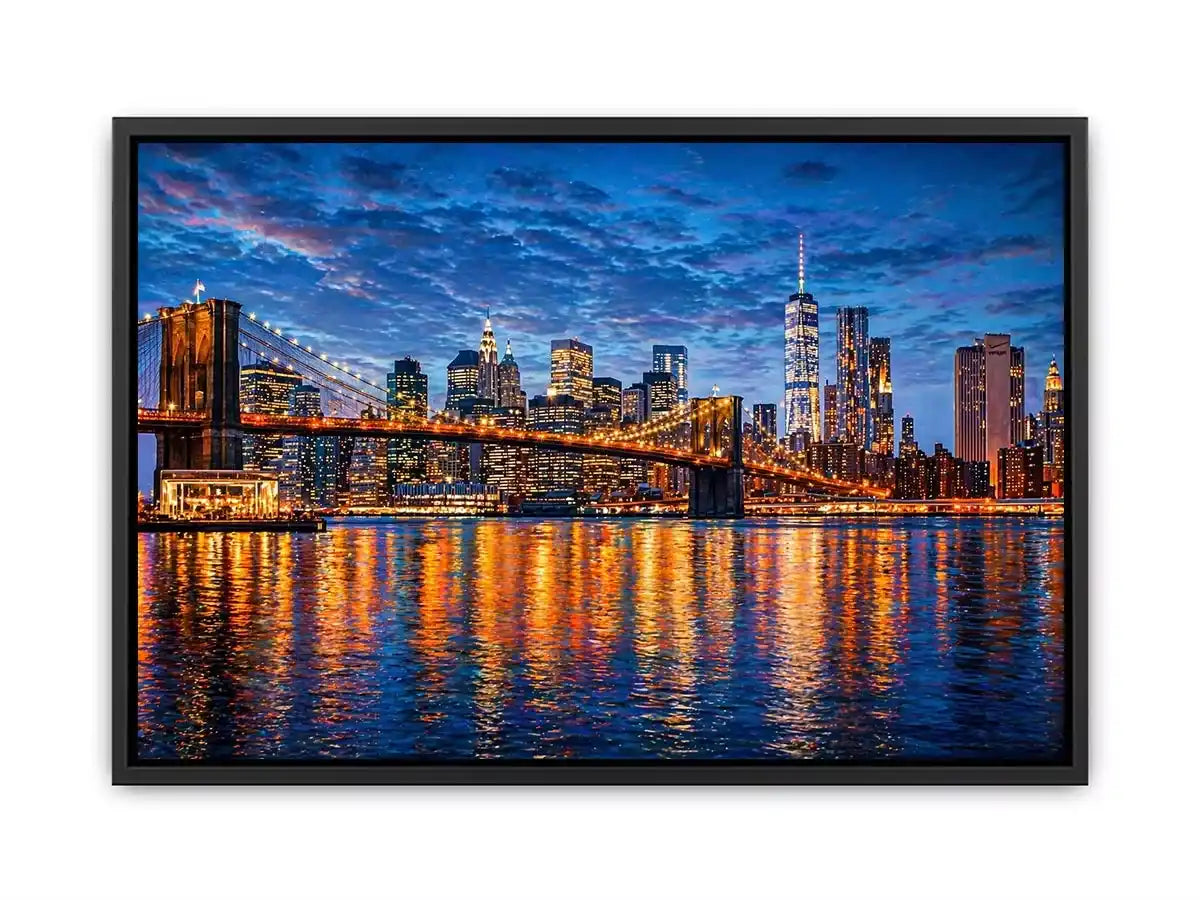 brooklyn bridge skyline night reflection wall art modern city canvas