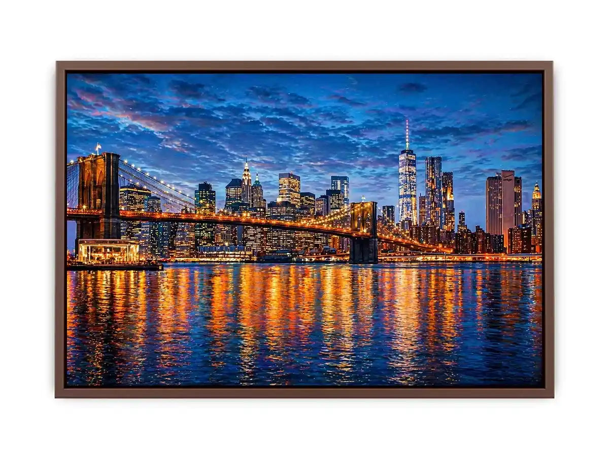 brooklyn bridge skyline night reflection wall art modern city canvas
