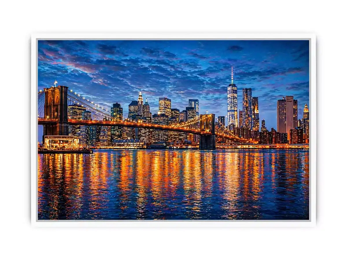 brooklyn bridge skyline night reflection wall art modern city canvas