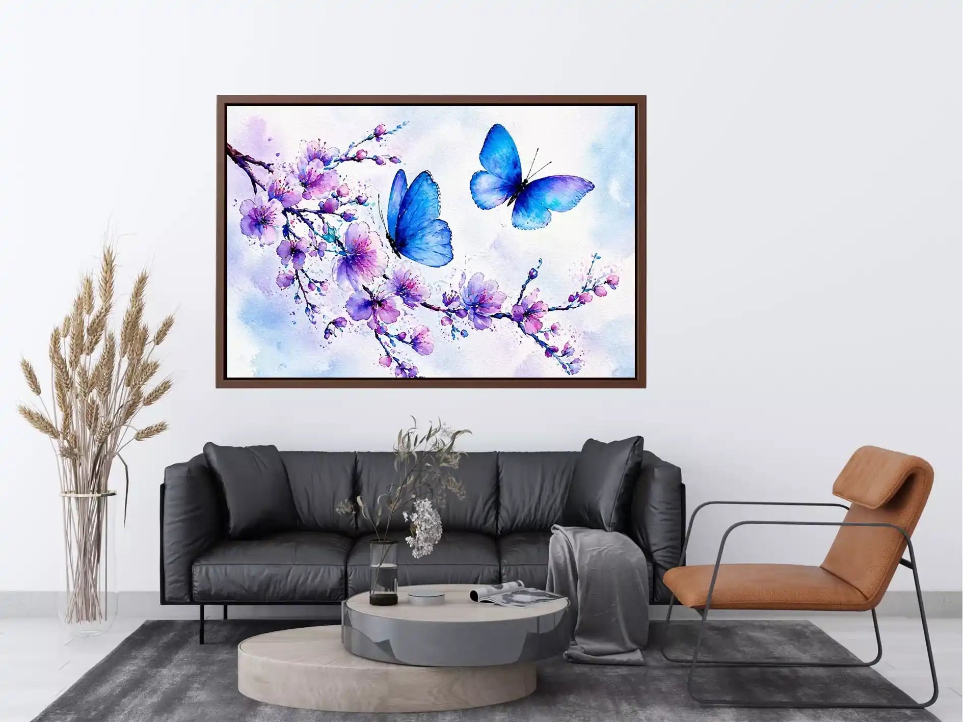 watercolor butterfly floral blossom wall art blue purple canvas