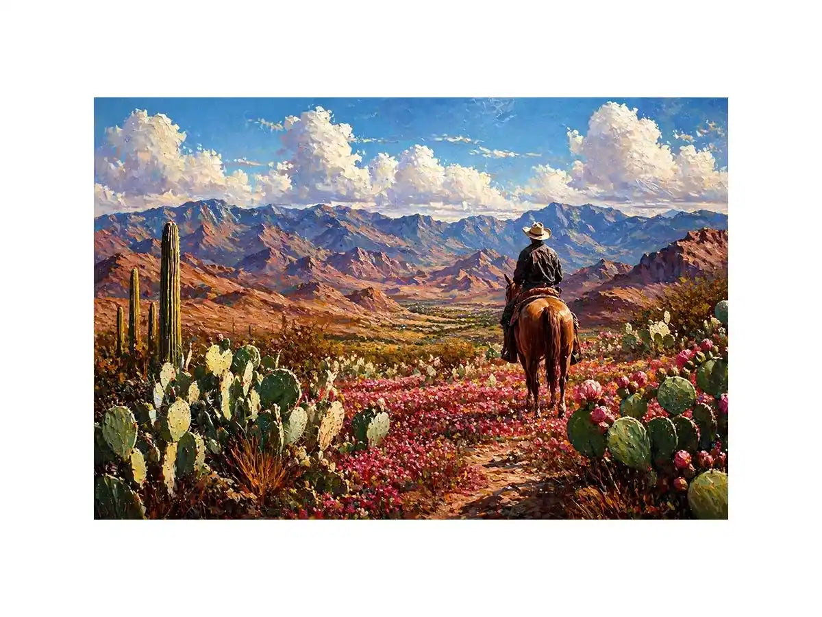 western cowboy desert landscape cactus mountains wall art canvas