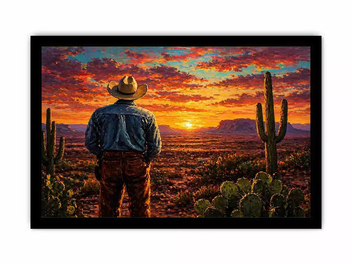 western cowboy sunset desert cactus wall art canvas