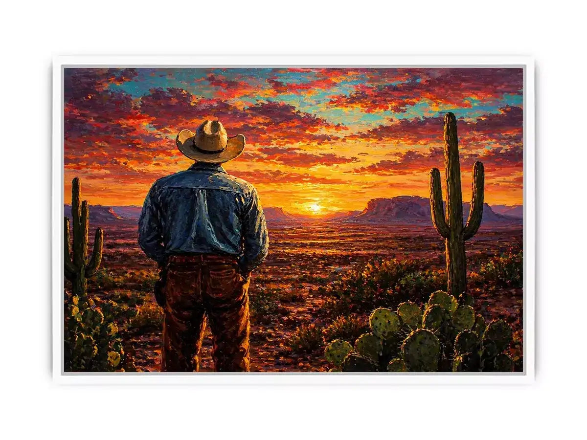 western cowboy sunset desert cactus wall art canvas