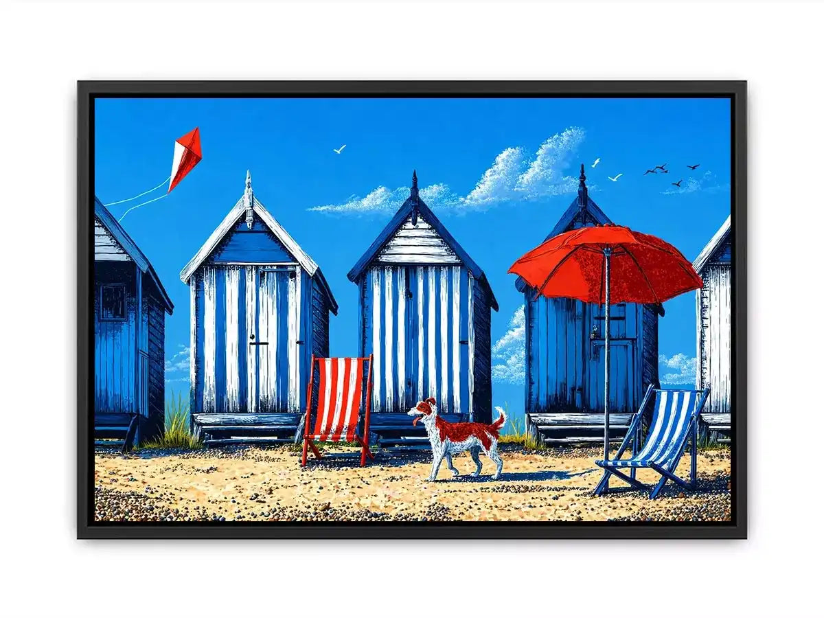 coastal beach huts illustration blue cabins seaside wall art canvas