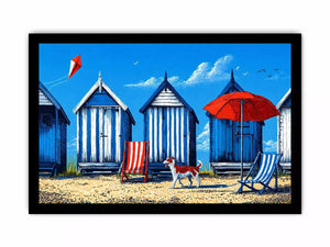 coastal beach huts illustration blue cabins seaside wall art canvas