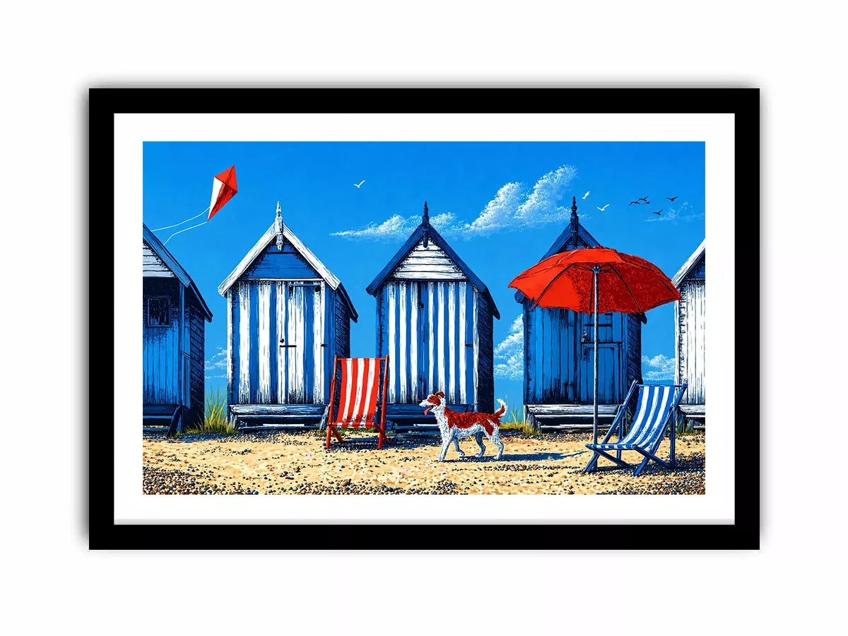 coastal beach huts illustration blue cabins seaside wall art canvas