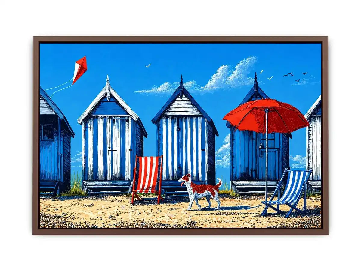 coastal beach huts illustration blue cabins seaside wall art canvas