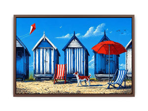 coastal beach huts illustration blue cabins seaside wall art canvas