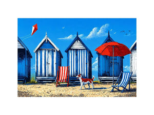 coastal beach huts illustration blue cabins seaside wall art canvas