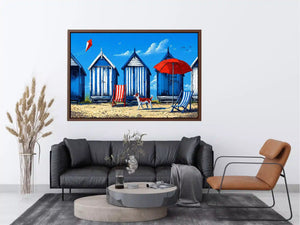 coastal beach huts illustration blue cabins seaside wall art canvas