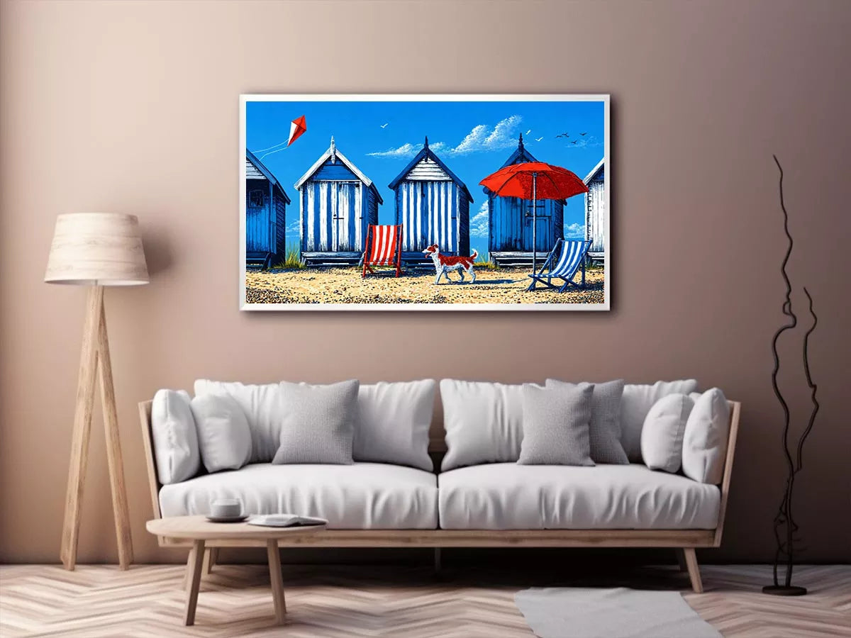 coastal beach huts illustration blue cabins seaside wall art canvas