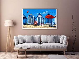 coastal beach huts illustration blue cabins seaside wall art canvas