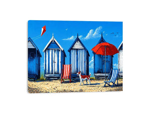 coastal beach huts illustration blue cabins seaside wall art canvas