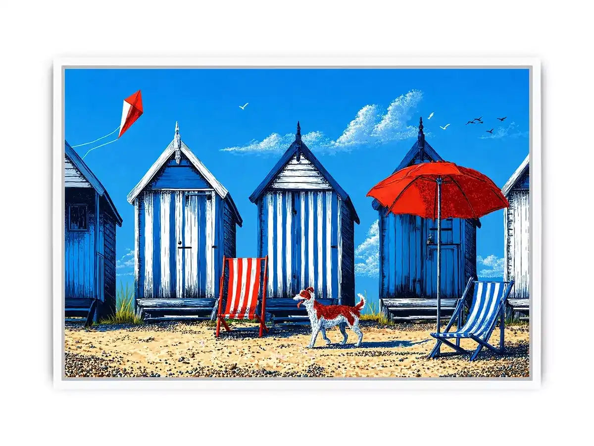 coastal beach huts illustration blue cabins seaside wall art canvas