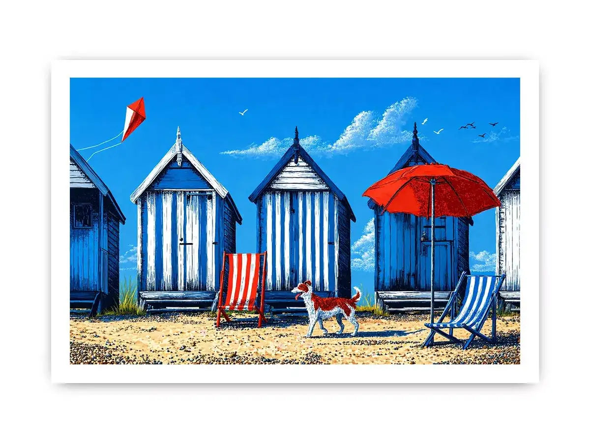 coastal beach huts illustration blue cabins seaside wall art canvas