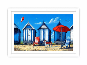 coastal beach huts illustration blue cabins seaside wall art canvas