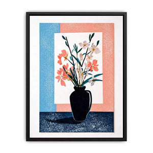 minimalist floral vase wall art, pastel botanical print modern decor, japandi flower vase illustration, scandinavian still life artwork, soft pink blue floral canvas