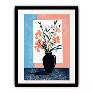 minimalist floral vase wall art, pastel botanical print modern decor, japandi flower vase illustration, scandinavian still life artwork, soft pink blue floral canvas