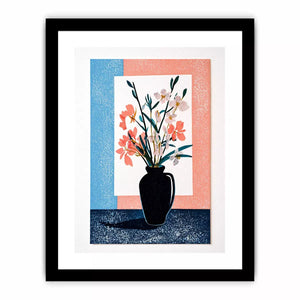 minimalist floral vase wall art, pastel botanical print modern decor, japandi flower vase illustration, scandinavian still life artwork, soft pink blue floral canvas